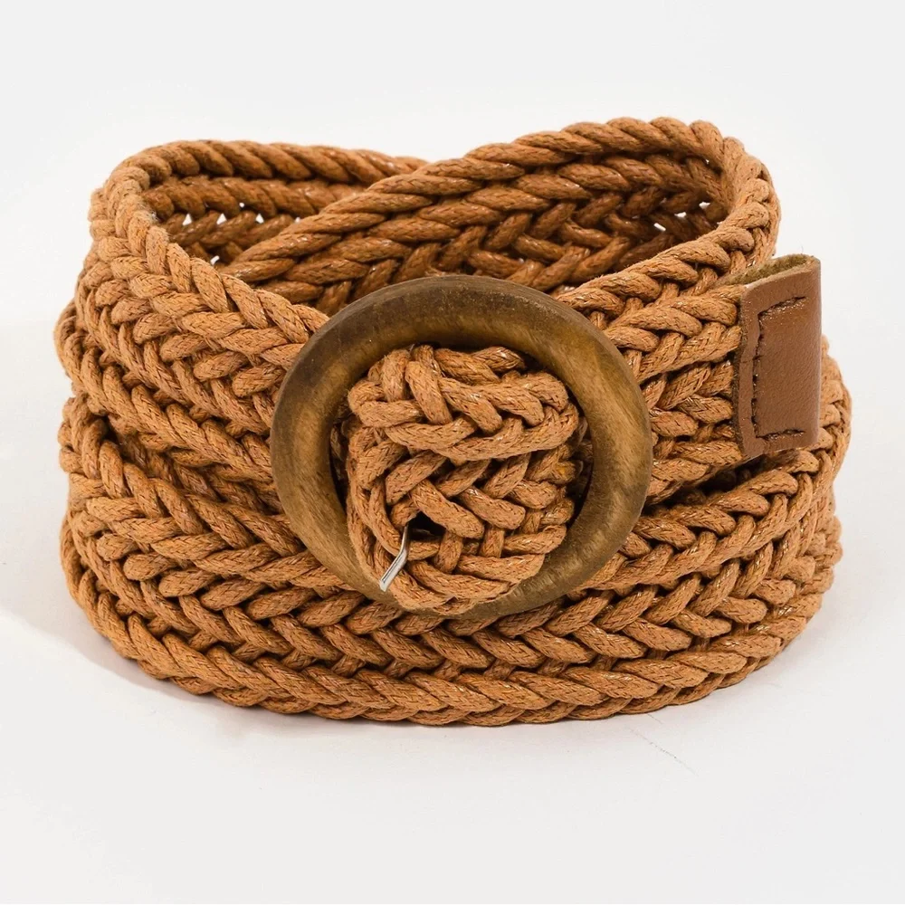 Wooden Circle Buckle Braided Belt 44” | Ivory, Black or Khaki